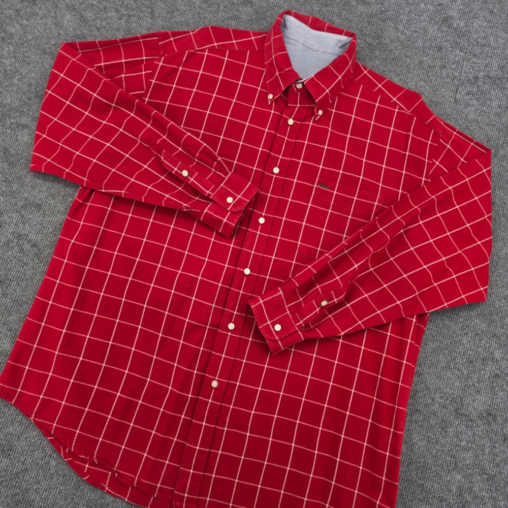Tommy Hilfiger Mens Red Windowpane Grid Button Down Shirt Crest Logo L/S